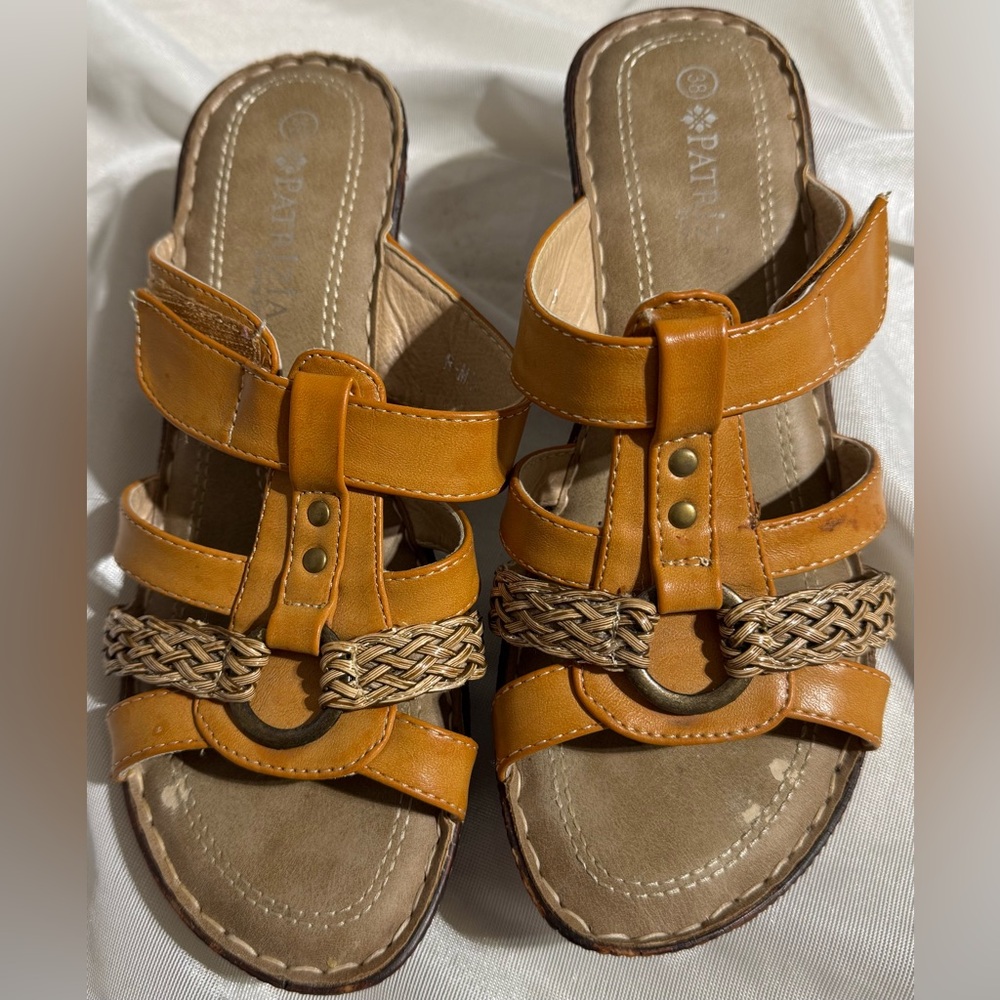 Patrizia Spring Step Womens Tan Leather Slip on Slide Wedge Sandal Size 38 (7.5)